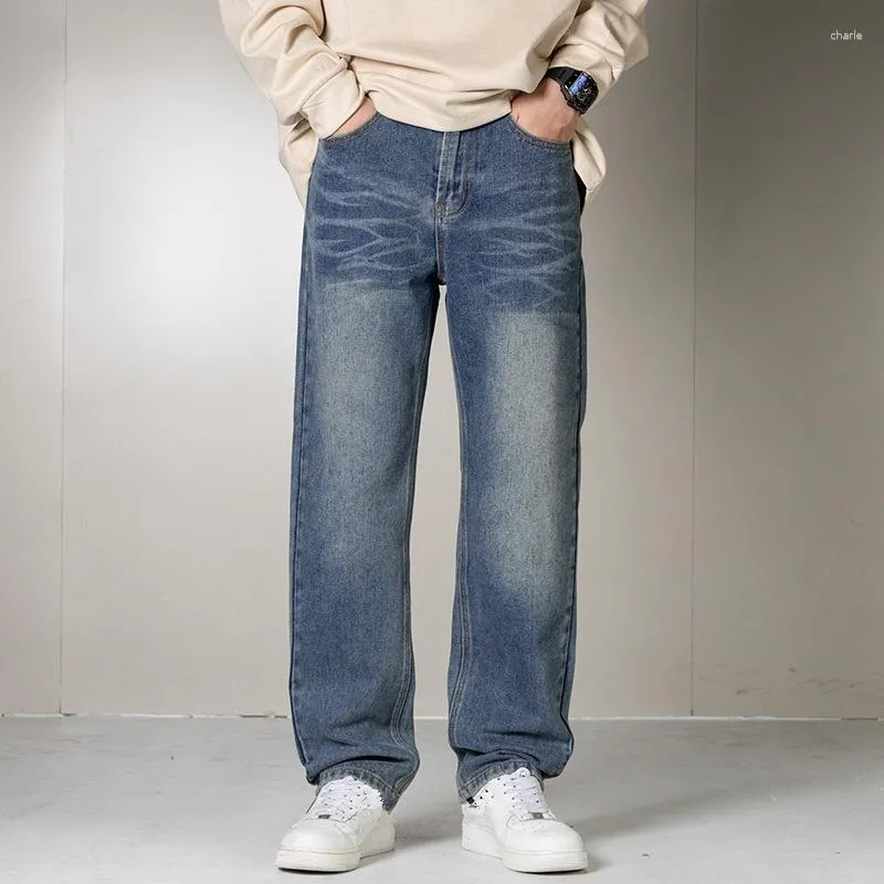 Herr jeans höst fast färg lös bekväm blå trend mode mitten av midjan casual raka benbyxor