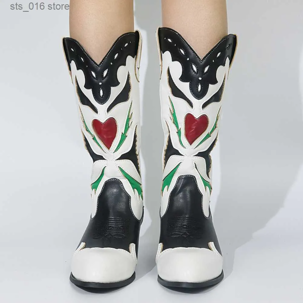 Love Embroidery Heart Bonjomarisa Chunky Brand Heel New Western Boots for Women Casual Vintage Top Quality Shoes Woman T230824 837