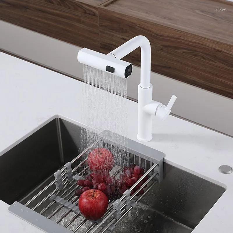 Kitchen Faucets White Baking Finish Retractable Sus 304 Stainless Steel Household Waterfall Rain Home Faucet Sink Tap