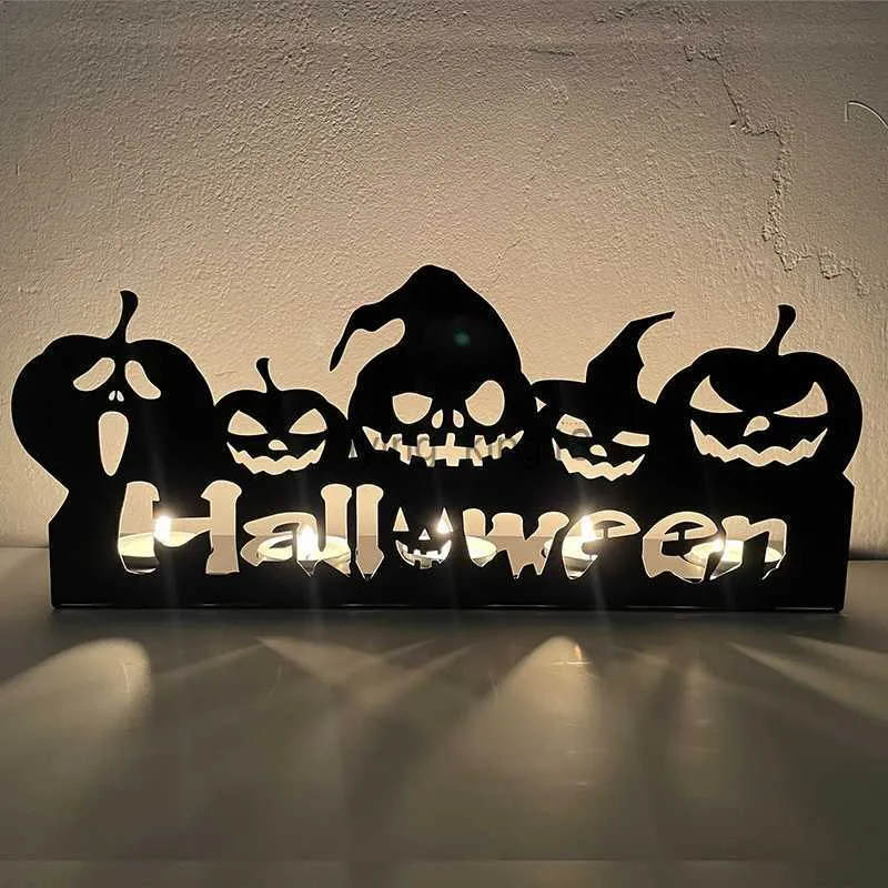 Halloween decoração ornamento ferro forjado abóbora lanterna crânio castiçal criativo casa interior festa de casamento castiçal hkd230825