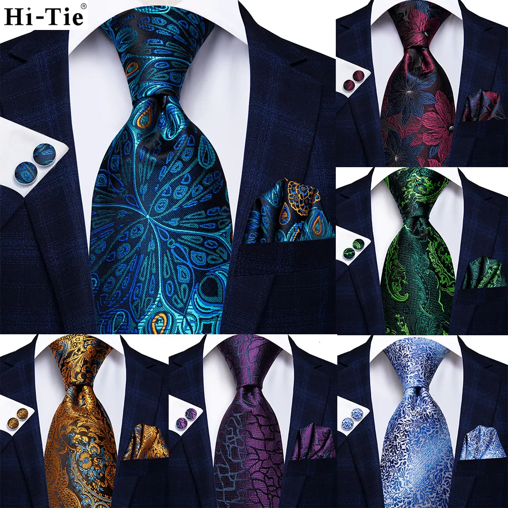 Шея галстуки Hi Tie Peacock Blue Novely Design Silk Wedding Tie для мужчин Hanky ​​Mufflinks Gired Mens Mens Setie Set Business Party Drop 230824