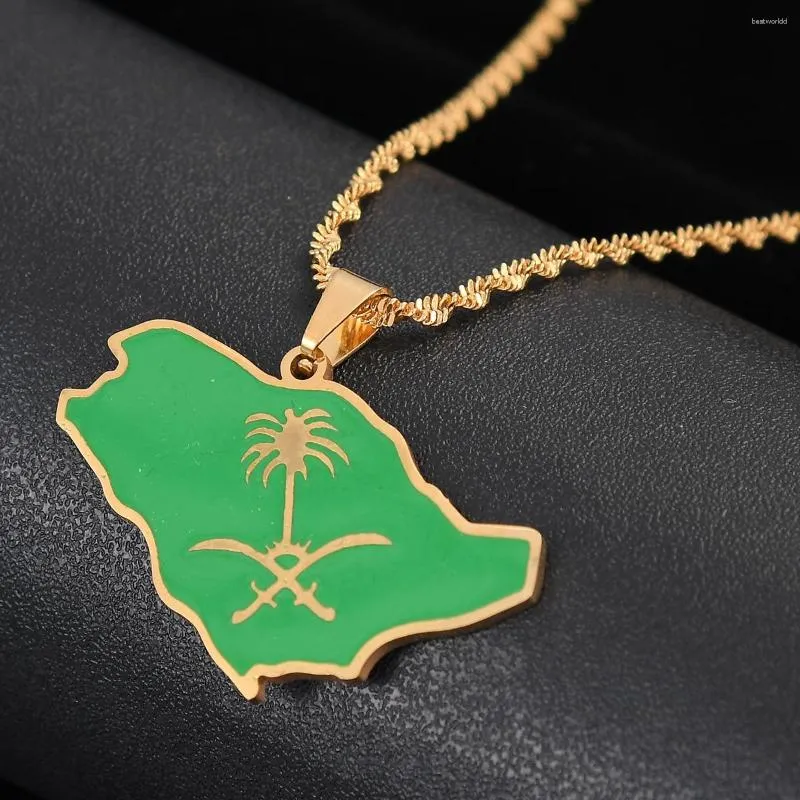 Pendentif Colliers Carte de l'Arabie Saoudite avec collier en émail vert Royaume de bijoux