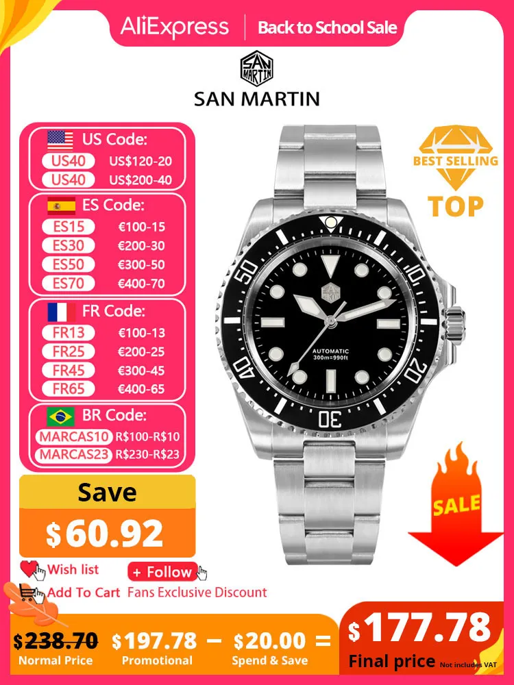 Wristwatches San Martin Men Diving Watch NH35 Luxury Automatic Mechanical Wristwatch Sapphire Waterproof 300m Fly Adjustable Clasp 230824