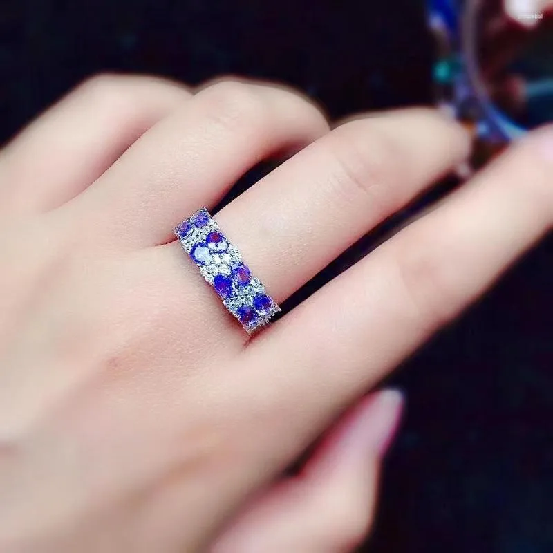 Anéis de cluster deslumbrante prata gemstone banda anel para mulher 3mm 4mm natural tanzanite 925 jóias presente womann