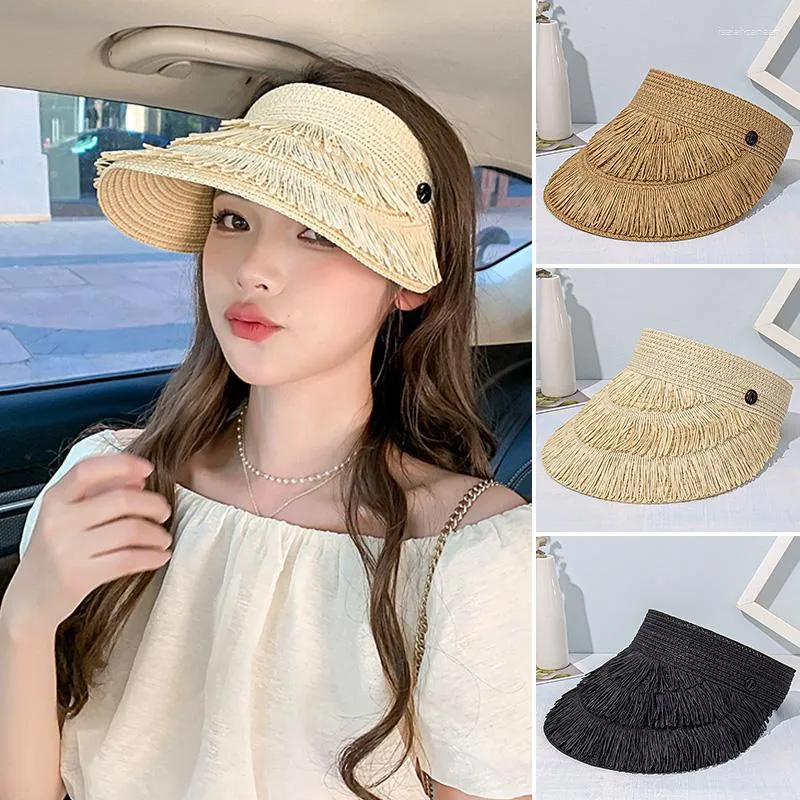 Designer Straw Visor Hat Womens With Tassels Wide Brim Sun Visor For