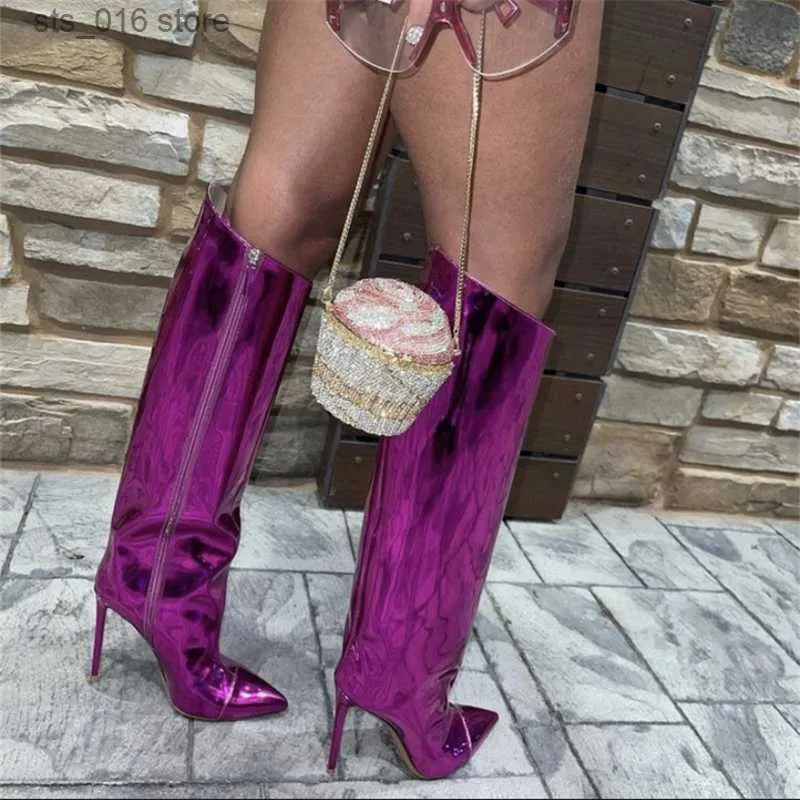 Runway Stilettos Toe Pointed Boots Sexy Mirror Women Candy Colors High Heels Shoes Side Zipper Long Botas Mujer 2024 T230824 657