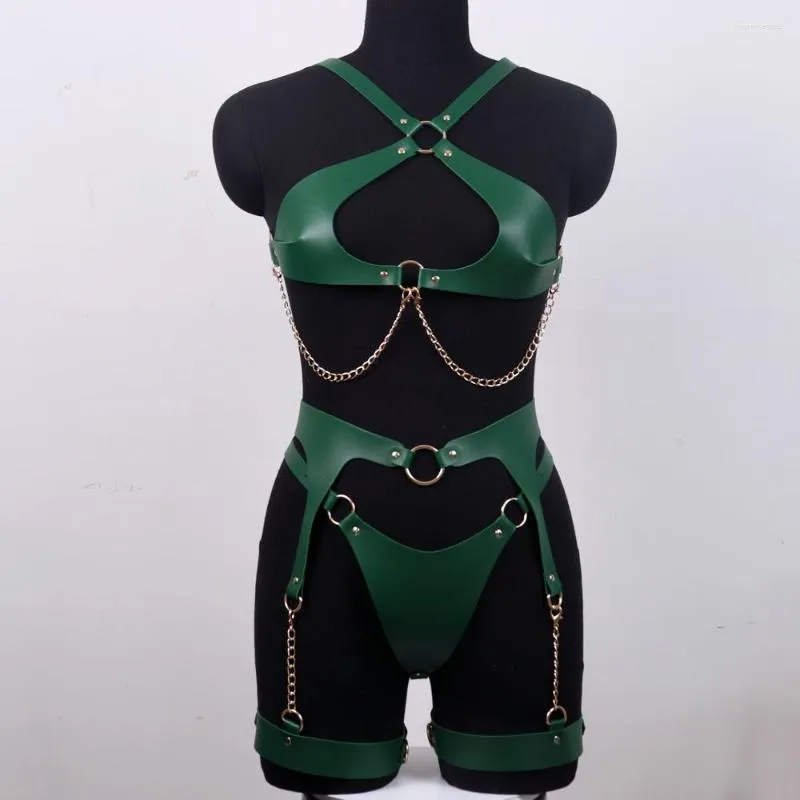 Garters CEA Sexy Dark Green Full Body Chain Harness Bra Leather