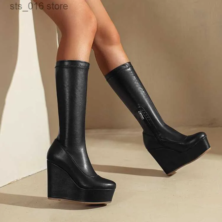 Buty platforma rybetrini wysokie kliny Mid Calf Długie buty dla kobiet w stylu Zipper Punk Buty jesienne buty mody T230824