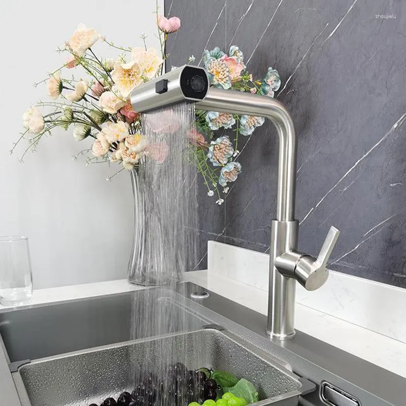 Küchenarmaturen Fabrikverkauf Einziehbarer Sus 304 Edelstahl gebürsteter Haushalts-Wasserfall-Regenhahn Home Sink Tap