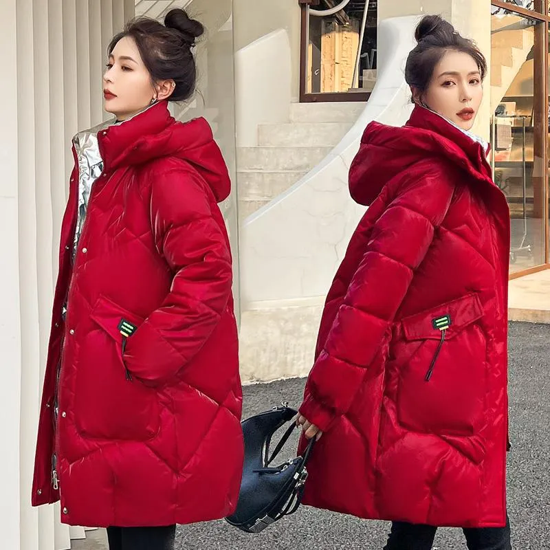 Casacos de trincheira femininos brilhantes longos mulheres moda inverno parkas com capuz engrossar roupas quentes jaquetas à prova d'água casaco feminino swredmi