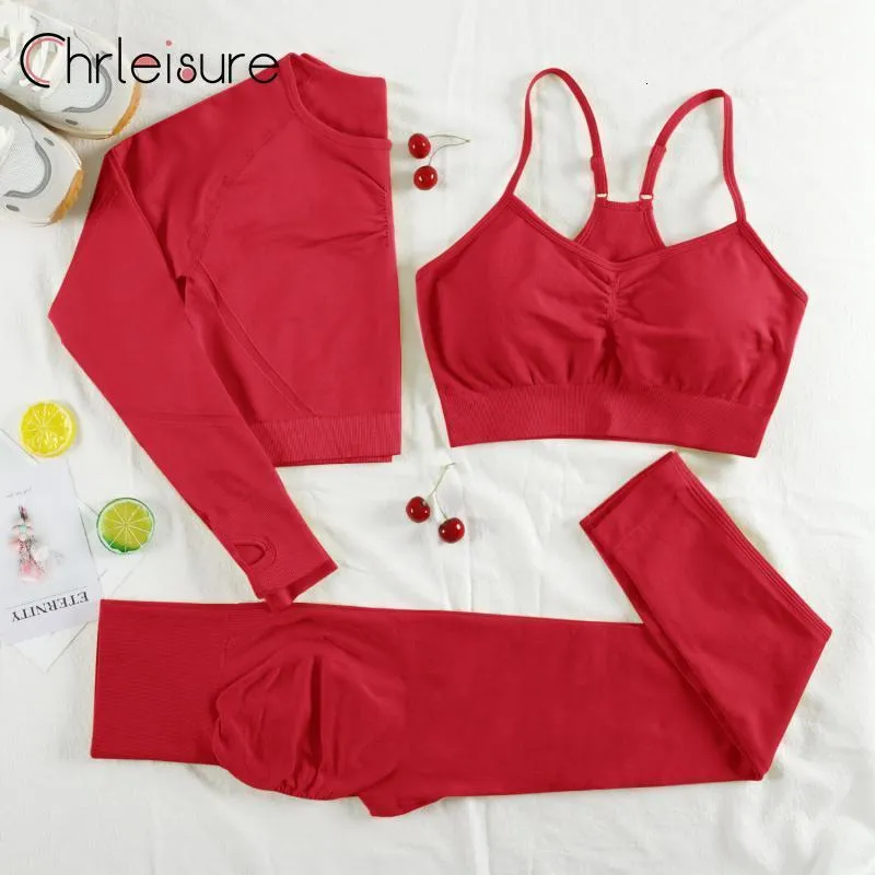 Traje de yoga CHRLEISURE 234 piezas Conjunto de gimnasio Mujeres Ropa deportiva sin costuras Trajes Entrenamiento Pantalones cortos de fitness para mujer Leggings deportivos Traje 230824