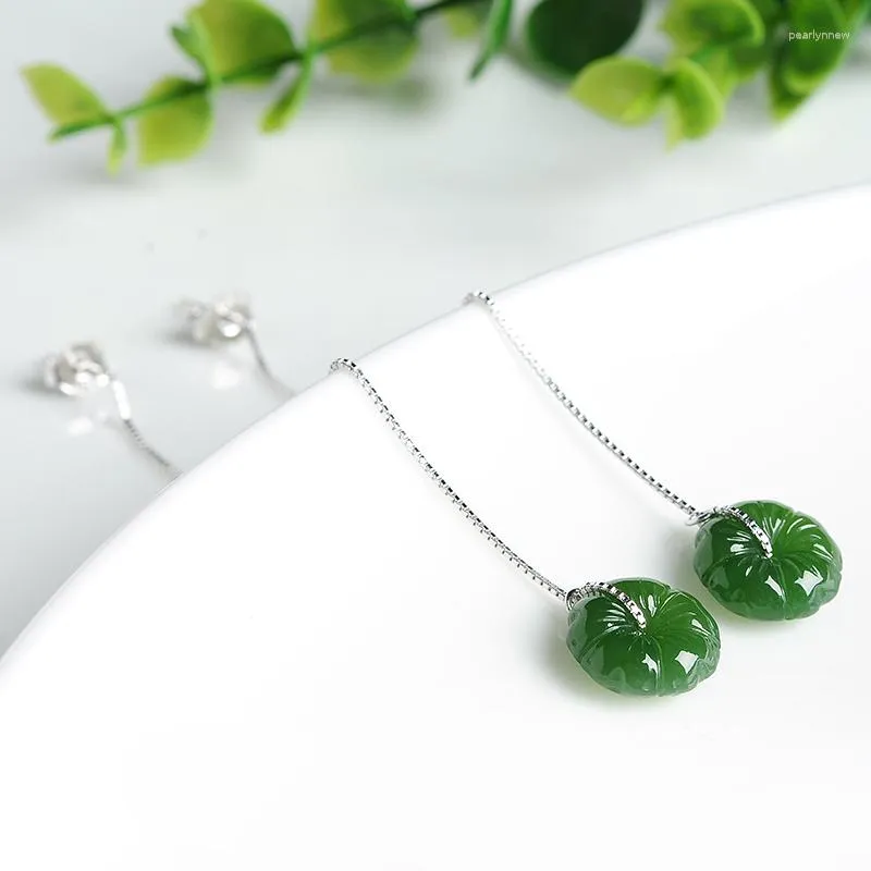 Orecchini pendenti in autentica giada naturale e TianYu lunghi in argento 925 con goccia verde spinaci originali