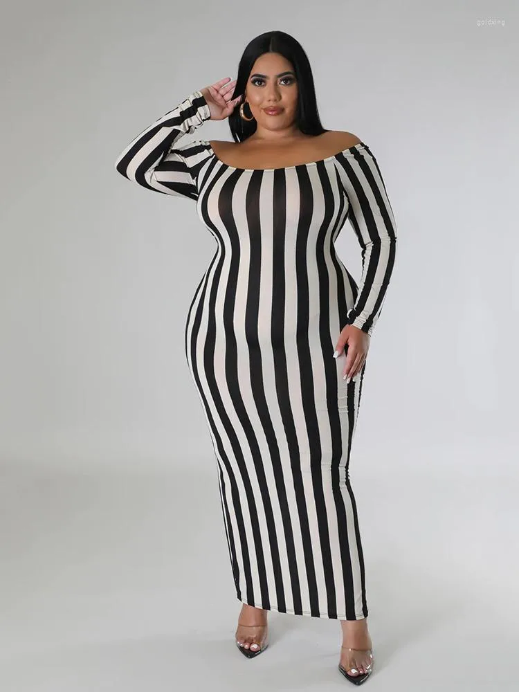 2023 Summer Plus Size Dresses Shein Maxi Dress Elegant Off Shoulder Bodycon  With Long Sleeves And Print Stripe Design Perfect For Casual And Holiday  Wear From Goldxing, $21.82