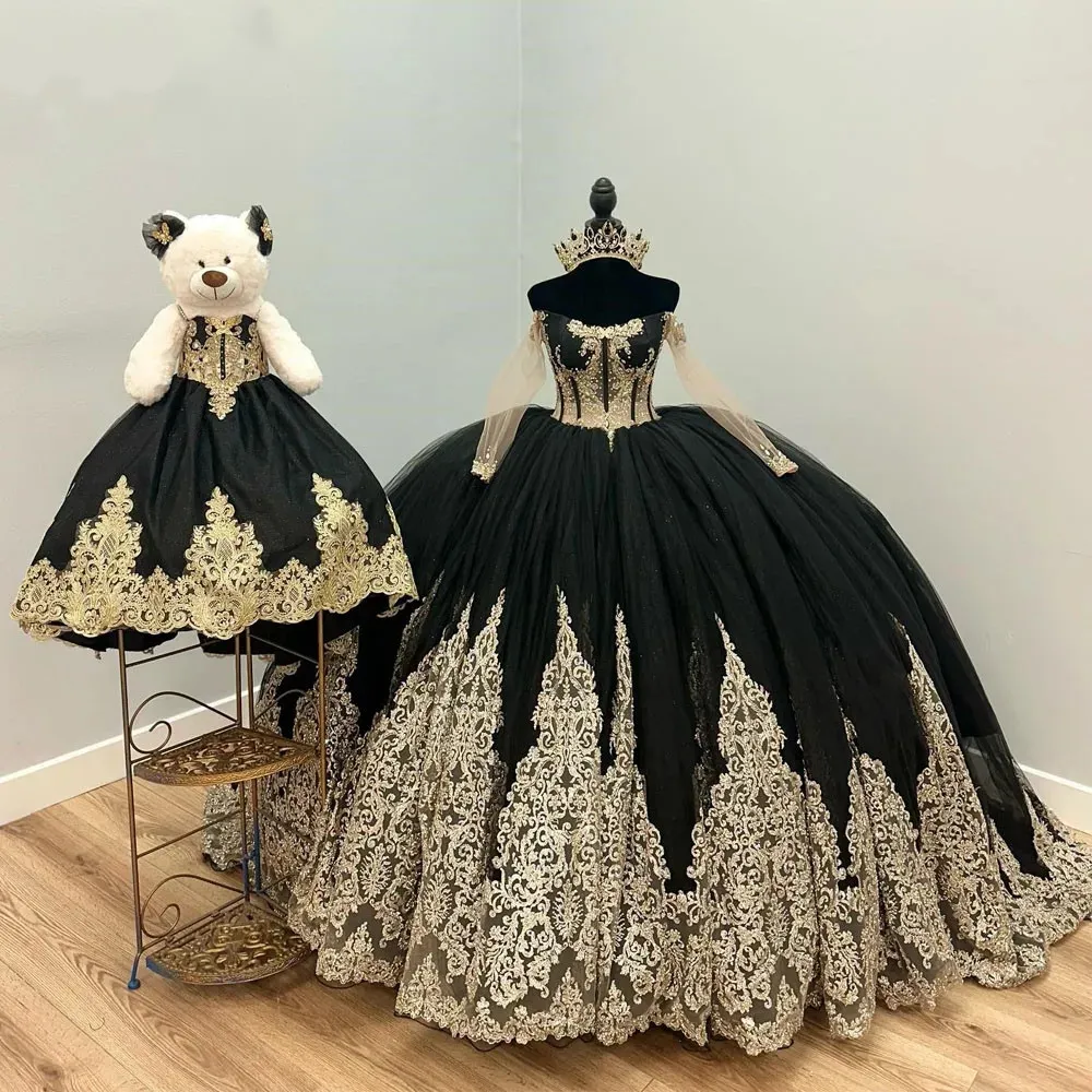 Schwarz Quinceanera Kleider Schatz von Schulterprinzessin süß 15 16 Jahre alte Geburtstagsfeier Kleid Rückenless Gala Geschenk