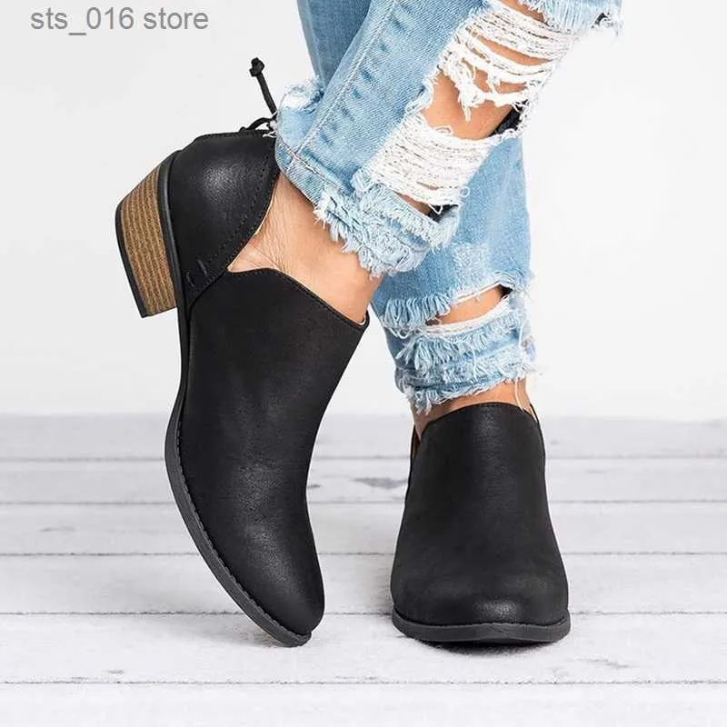 Autumn Women's Fashion Spring Ankle Women Boots Square Heel Slip On Female High Heels Single Pointed Toe Casual Shoes T2 B0D6 S