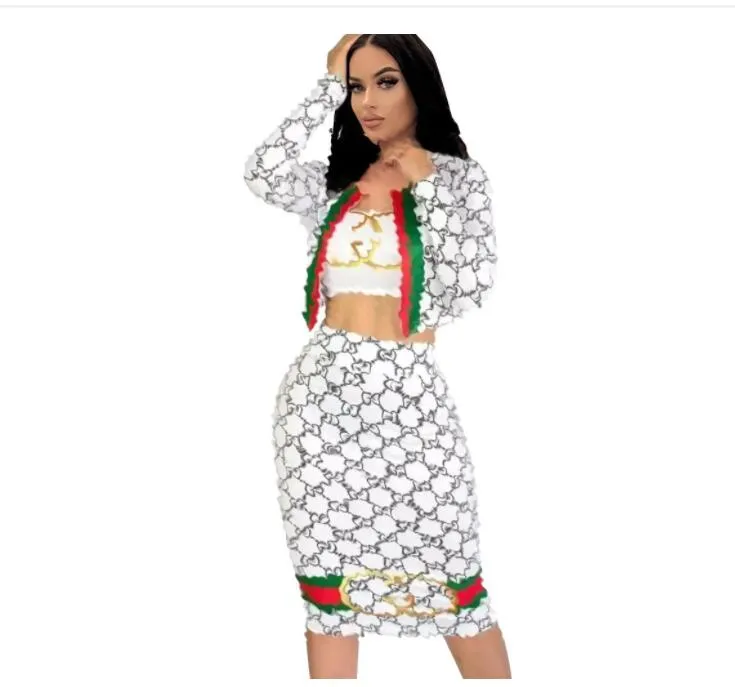 Designer mulheres tracksuits outono novo alto elástico aberto umbigo barriga bolso casaco saia três peças conjunto