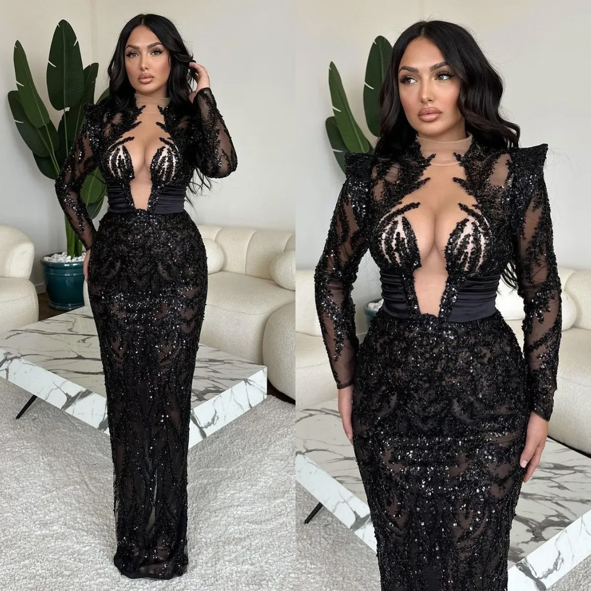 Elegant Black Sequin Evening Dress Illusion Neck, Long Sleeves