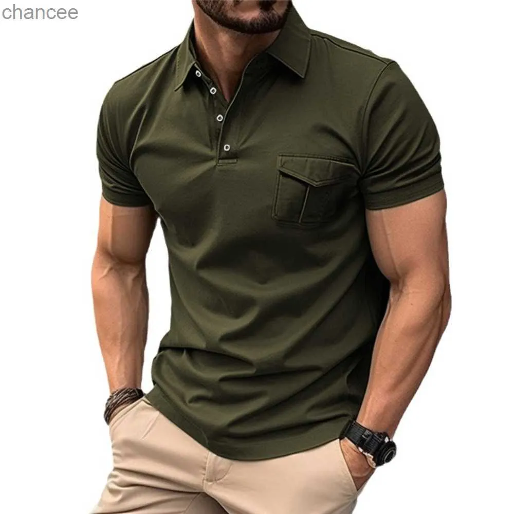 Nouveaux hommes solide mince ajustement à manches courtes polos avec poches pour hommes mode col de chemise hommes HKD230825