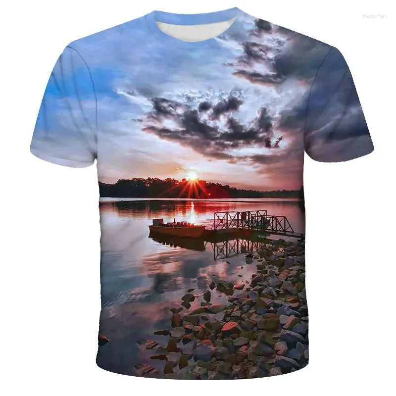 Men's T Shirts 2023 Men Literature Art Simple 3D Landscape Sunset Casual Graphic Women Printed T-shirt Lovers Tee Personality Tops