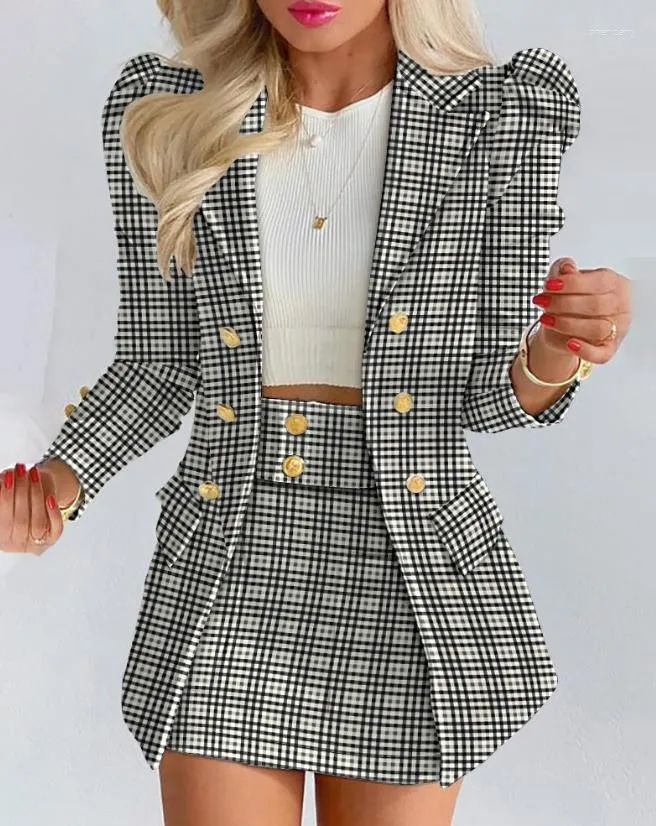 Robe deux pièces femme élégante bureau blazer ensembles plaid imprimé manches bouffantes boutonné long manteau mini jupe ensemble style de travail
