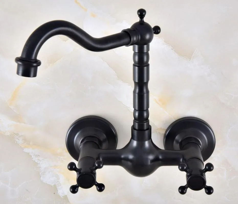 Rubinetti della cucina Rubinetto per lavabo a parete in bronzo lucidato a olio nero Rubinetto per lavabo con bocca girevole Miscelatore con doppie maniglie a croce Anf854