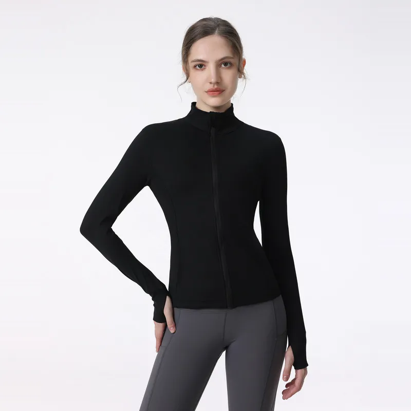 Giacche da yoga lu cappotto sportivo abiti da allenamento manica lunga da donna colletto in piedi top fitness ad asciugatura rapida tuta da corsa professionale attillata nera