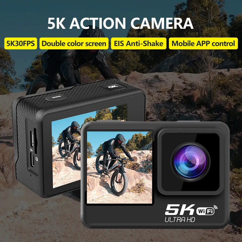 Hava Durumu Kameraları 5K WiFi Action Camera Anti Shake Çift Ekran 30m Su Geçirmez 170 Geniş Açılı 1050mAH Sports Cam Tahrik Kaydedici Kask 230825