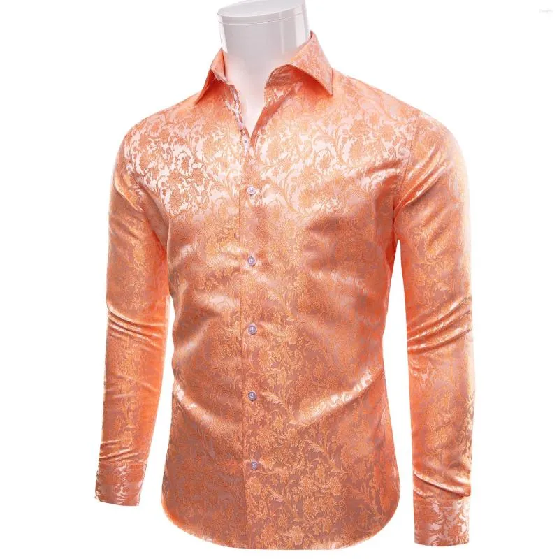 Men's Casual Shirts Unique Design Orange Floral Print Silk Shirt For Man Business Wedding Party Full Sleeves Turn-Down Collar Suit Four