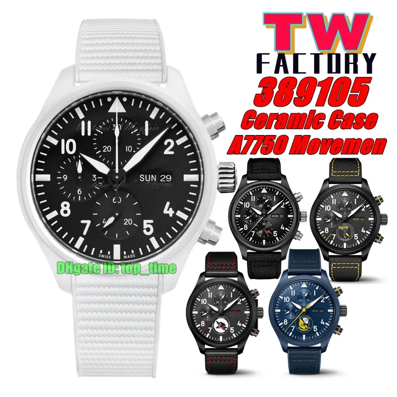 TW Factory Watches TWF 44,5 mm "Lake Tahoe" Céramique blanche 389105 Chronographe automatique Mouvement A7750 Montre pour homme Cadran noir Bracelet en caoutchouc Montres-bracelets pour hommes