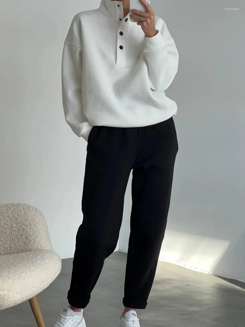 Kvinnors tvåbitar byxor Kvinnor 2 Tracksuits Solid Color Button Sweatshirt och Sweatpants för ActiveWear Fall Workout Outfits Set