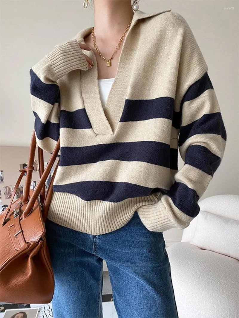 Women's Sweaters Autumn Winter Loose Knitted Sweater Jumpers Woman Vintage Casual Polo Deep V-Neck Striped Pullover Knitwear