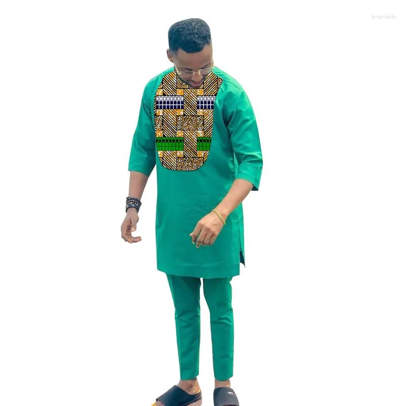 メンズトラックスーツグリーンセットナイジェリアのファッションパッチワークシャツ3/4スリーブデザインパンツスーツ男性アフリカパーティーウェア