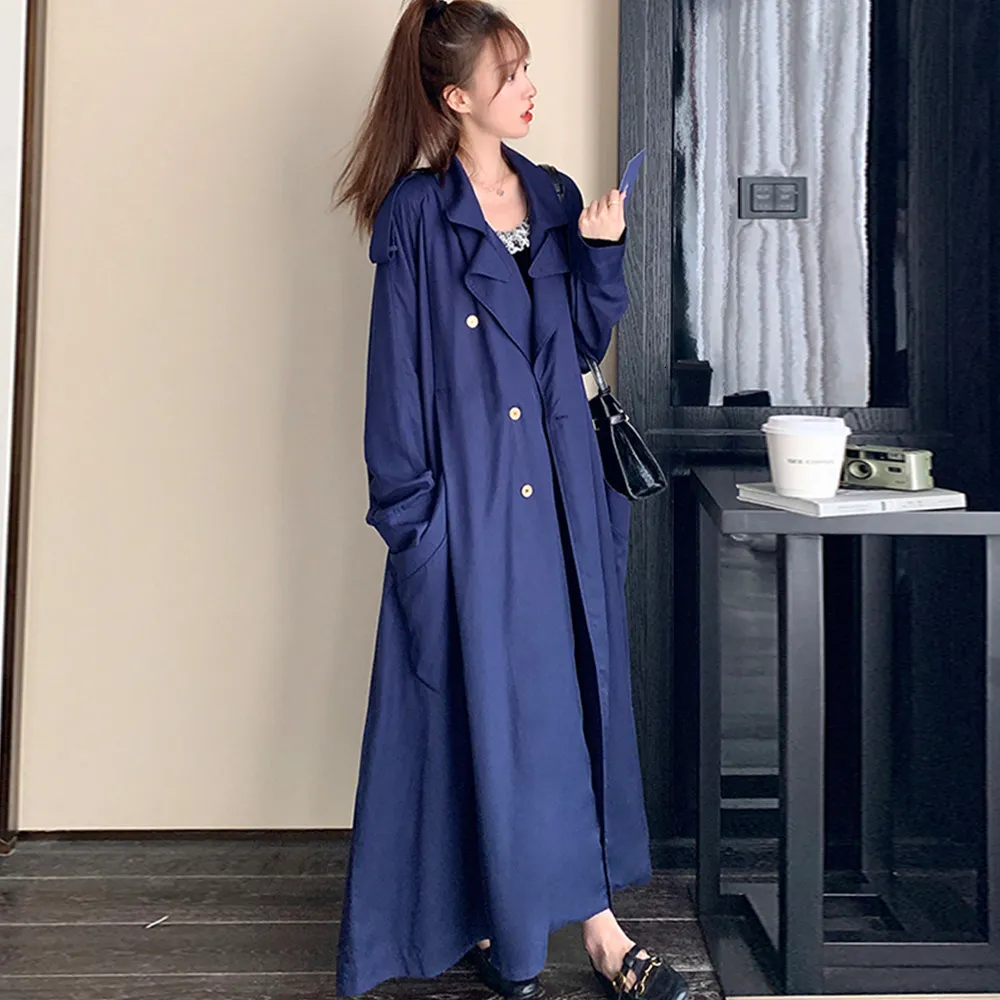 Kvinnors dikerockar Navy Blue British Style Autumn Trench Coat Women Fashion Elegant Casual Solid Color X-Long Overcoat Double Breasted Windbreaker 230824