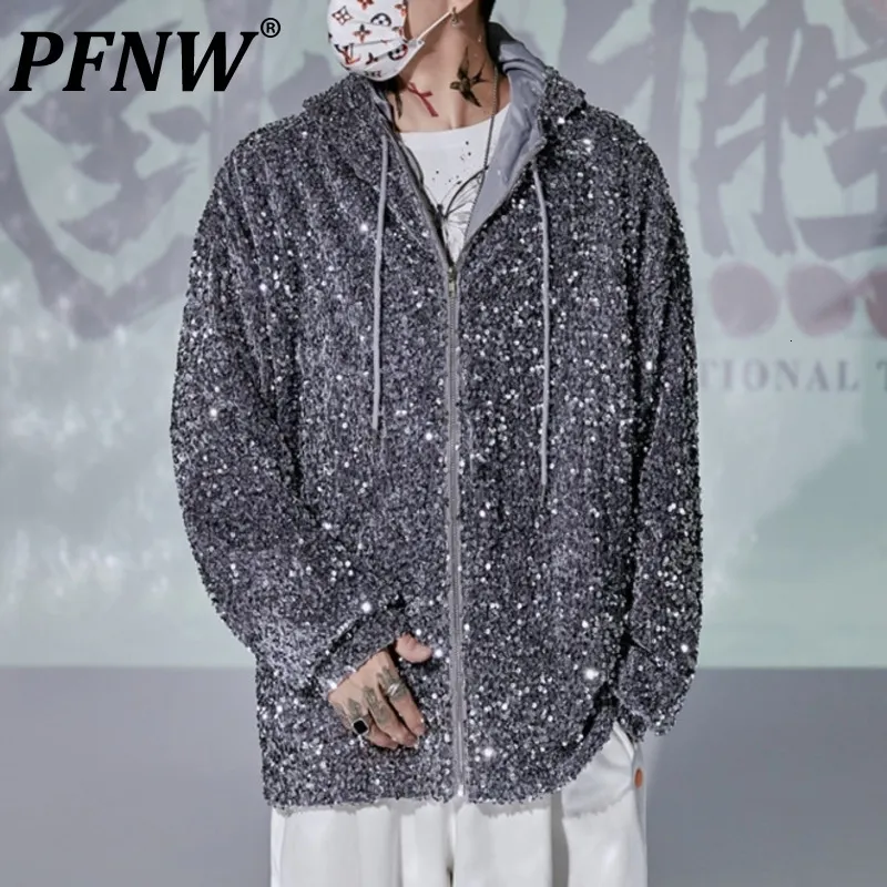 Mens Jackets PFNW Spring Autumn Hooded Shiny Sequin Darkwear Reflective Fashion Techwear Zippers High Street Coat 12A9170 230824