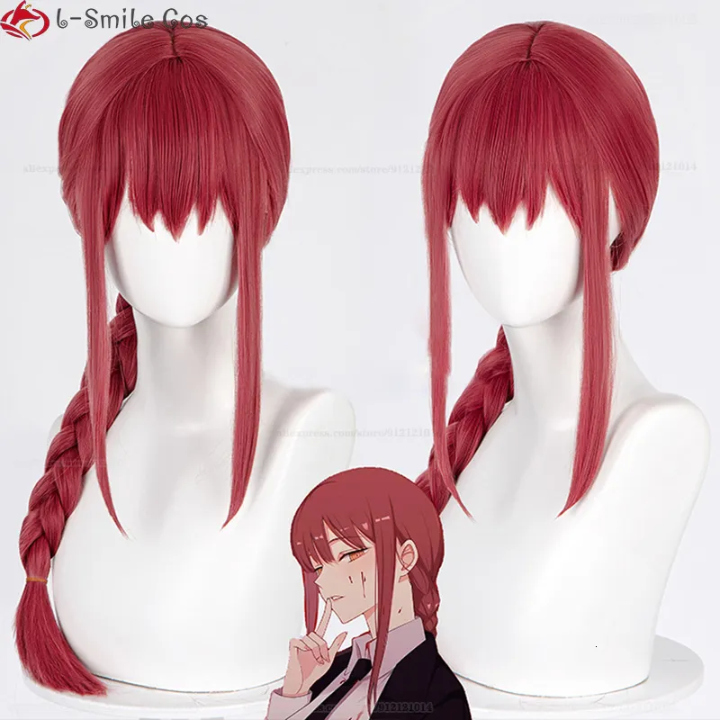 Anime motorsåg man röd flätad värmebeständig syntetisk hårparti makima peruker cosplay peruk cap 230824