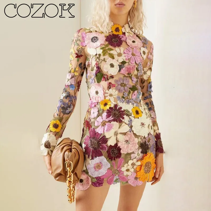 Save Big on Bulk Mini Bodycon Dress Casual Basic Casual Dresses COZOK  Fashion Flowers Embroidery 3D Mesh Mini Dress Women Long Sleeve Half Collar 