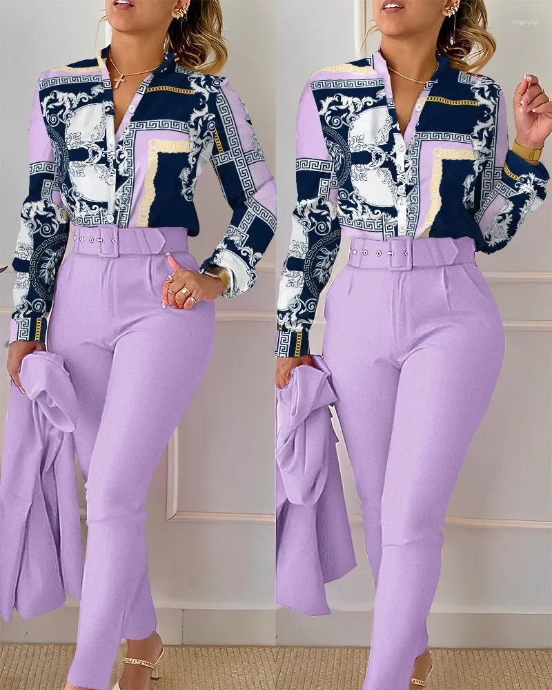 Women's Two Piece Pants Fashion Print 2 Set Women Casual Long Sleeve Shirt  Suits Elegant Female Office Blouses Top High Waist Outifits