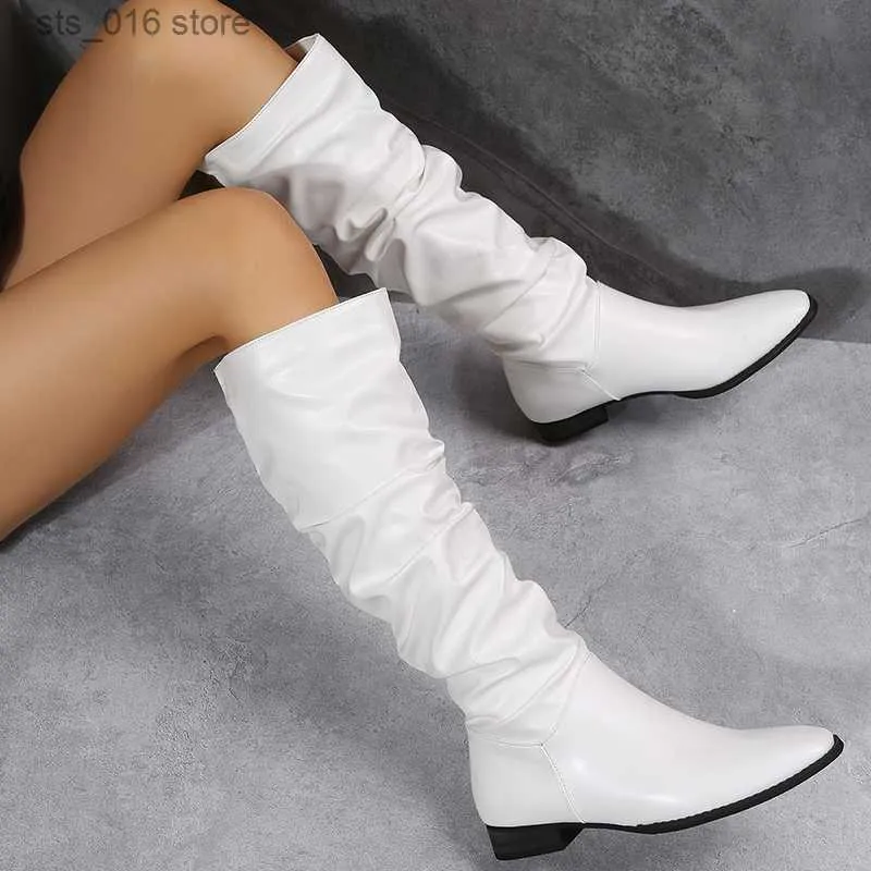 Boots Shoes For Women 2022 Spring Knee High Boots Red Black White Tall Boots Woman Pleated Low Heel Casual Leather Female Long Shoes T230824