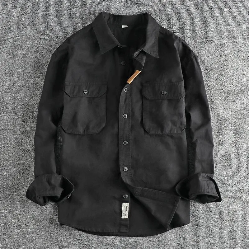 Мужские повседневные рубашки Трехмерное карманное дизайн простая рабочая одежда с длинным рукавом рубашка с твердым цветом молодежь 430