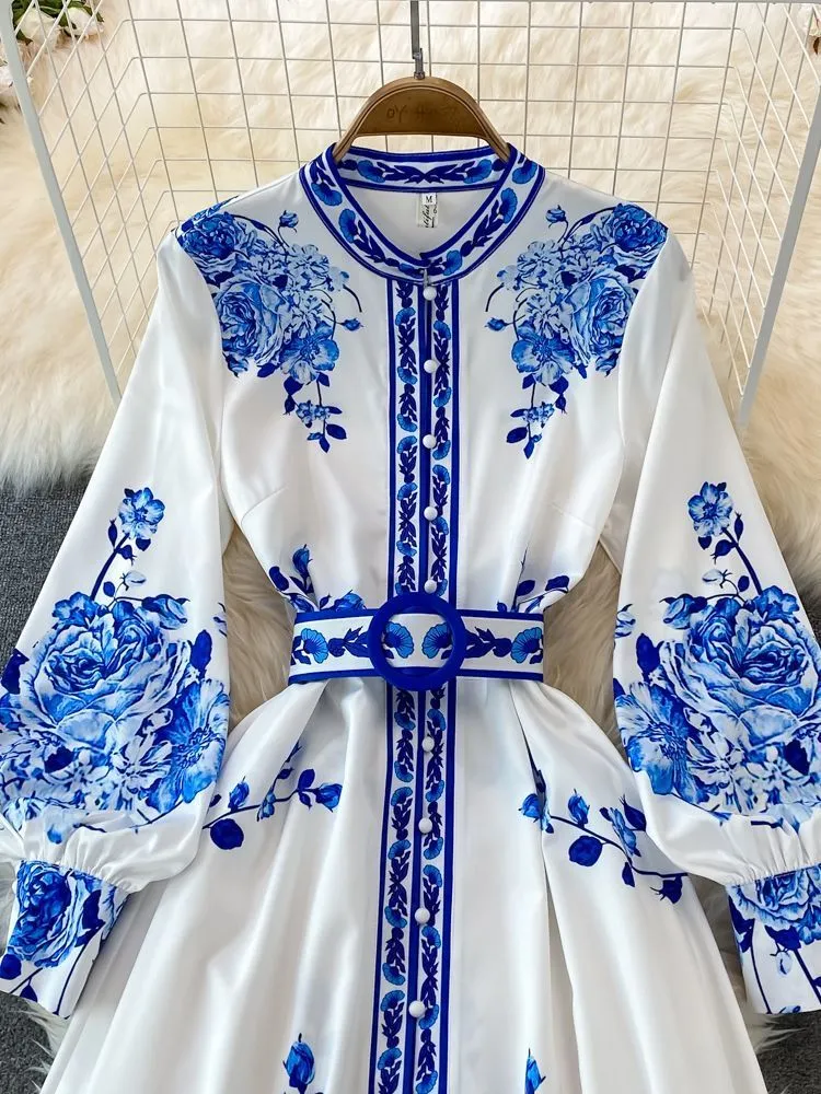 blue and white porcelain pattern dress Halter Top Blue & White Porcelain Pattern Chinese Style Evening Dress Blue / 6XL main image 0