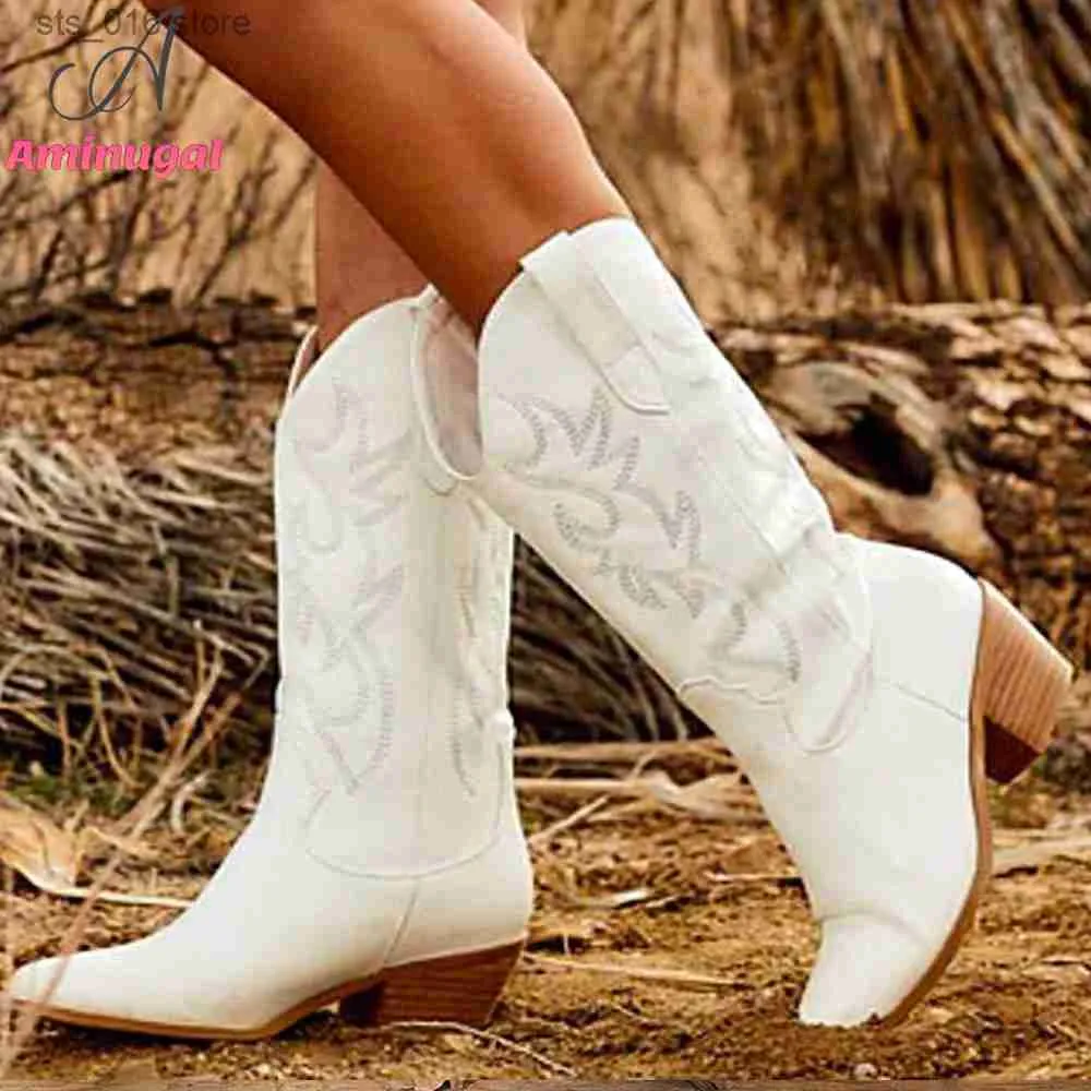 Stövlar Cowboy White Western Sewing Floral Mid-Calf Boots For Women 2023 Spring Summer Pointed Toe Chunky Heels Cool Cowgirl Boots Shoes T230824