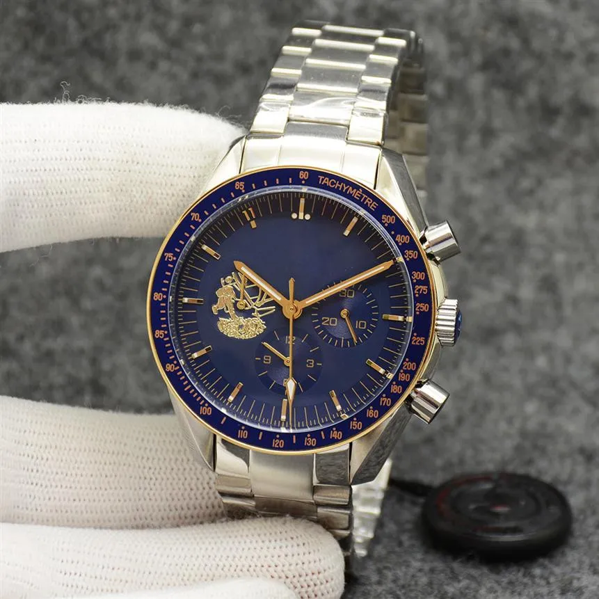 Eyes On The Stars Watch Chronograph Sports Battery Power Limited Two Tone Gold Blue Dial Quartz Professional Dive Wristwatch Stain235b