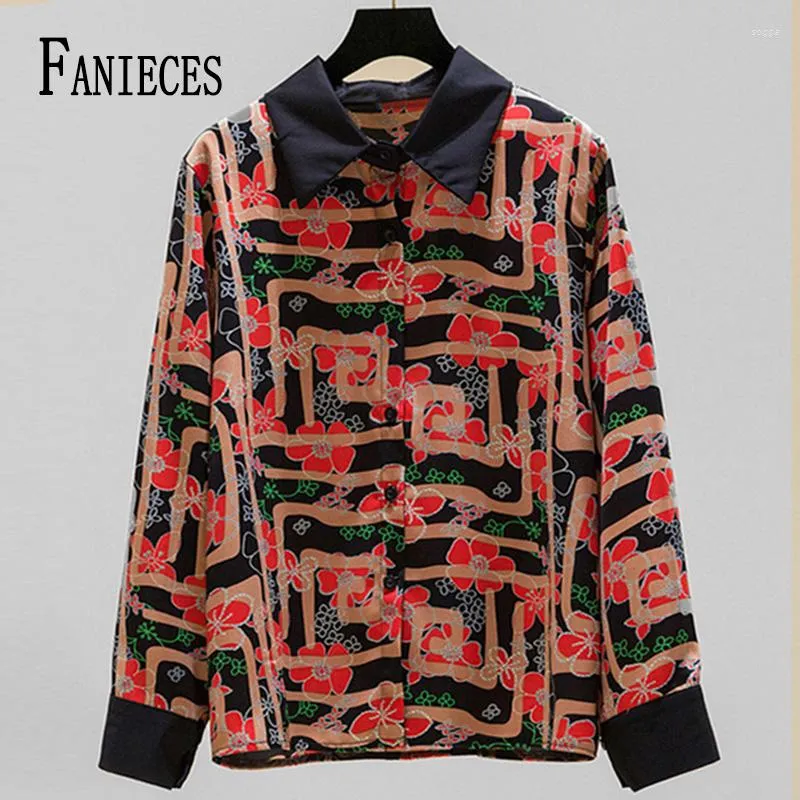 Damenblusen FANIECES Blusas Mujer Elegantes Y Juveniles Vintage Print Red Frauen Chiffon Hemd Langarm Revers Slim OL Top Chemises