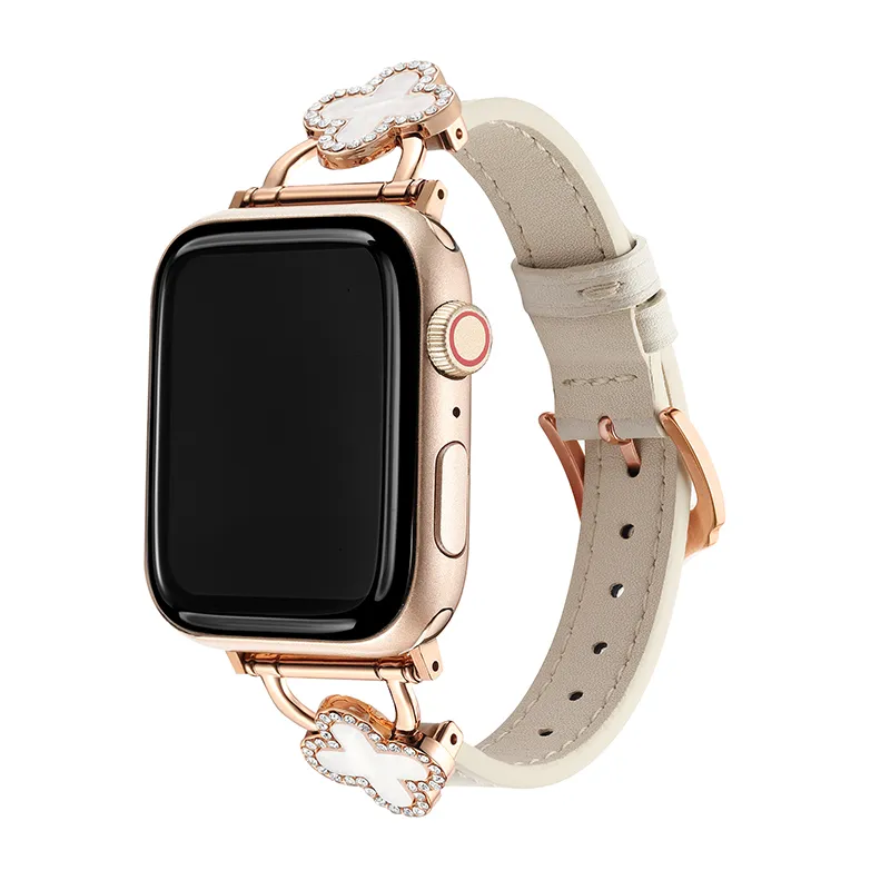 Moda skóra PU Four Leaf Clover Clover Designer Watch Band Smart Pasps do Apple Ultra 38mm 44 mm 45 mm IWatch Series 8 9 4 5 6 7