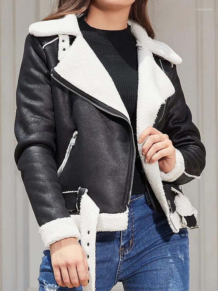 Women's Leather Autumn Winter Faux Shearling Sheepskin Motorcycle Coat Women Streetwear Thick Warm Suede Lamb Jacket With Belt