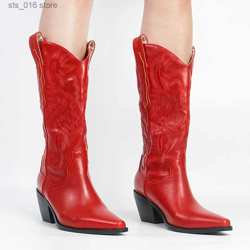 Bottes BONJOMARISA marque concepteur Cowboy Western mi-mollet bottes pour femmes sans lacet talon empilé bout pointu décontracté débarrassant bottes chaussures T230824