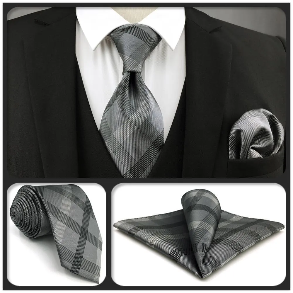 Шея галстуки S1 Long для мужчин Hanky ​​Set проверено черные темно -серые галстуки шелковые свадебные свадебные.