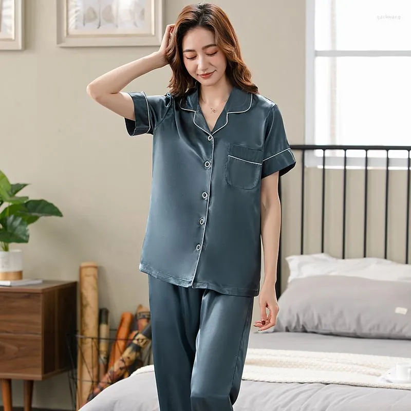 Vêtements de nuit pour femmes Pyjamas en satin de soie pour femmes Ensemble de pyjamas d'été à manches courtes Cardigan à revers Big Yards Sexy Loungewear M L XL XXL 3XL