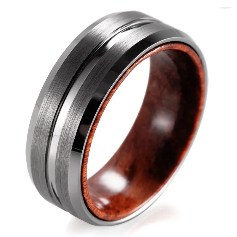 Cluster Rings 8mm Men's Grooved Tungsten Wedding Band Solid Wenge Wood Brushed Ring Outdoor Man Anniversary Engagement