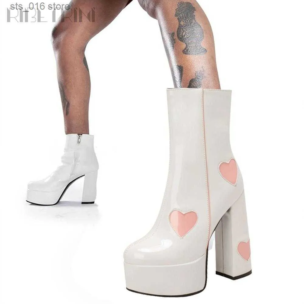 Platform Winter Ankle Boots for Women 2024 Chunky Heeled Pink White Dance Booties with Love Heart Design Big Size 43 Luxury Fashion Boots T230824